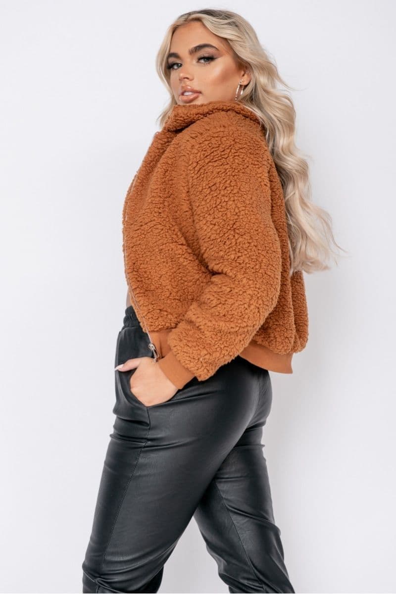 Rust Borg Fur Zip Front Bomber Jacket by Clarissas Boutique London