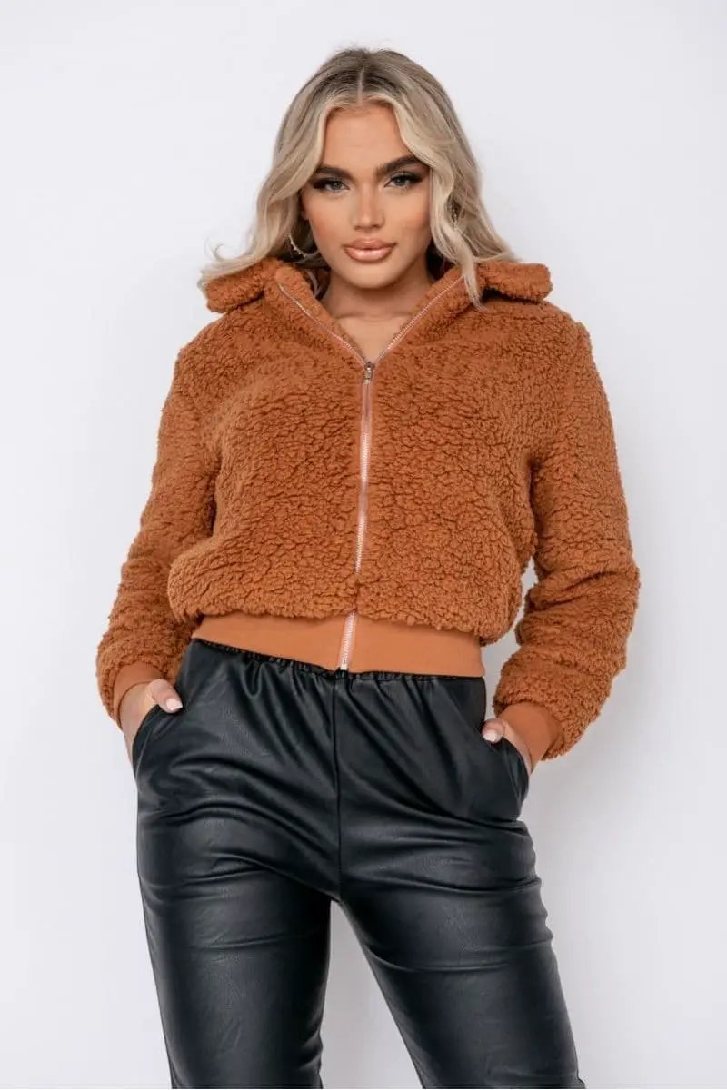 Rust Borg Fur Zip Front Bomber Jacket by Clarissas Boutique London