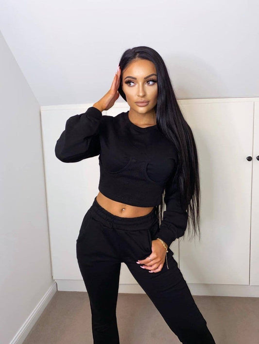 Sasha Black Under Bra Waisted Sweatshirt Tracksuit Set by Clarissas Boutique London