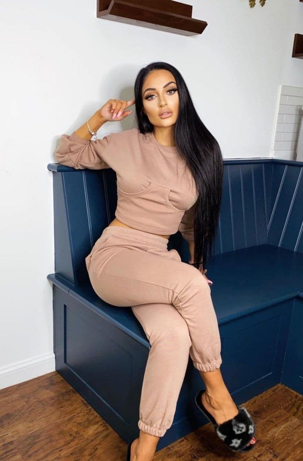 Sasha Taupe Under Bra Waisted Sweatshirt Tracksuit Set by Clarissas Boutique London