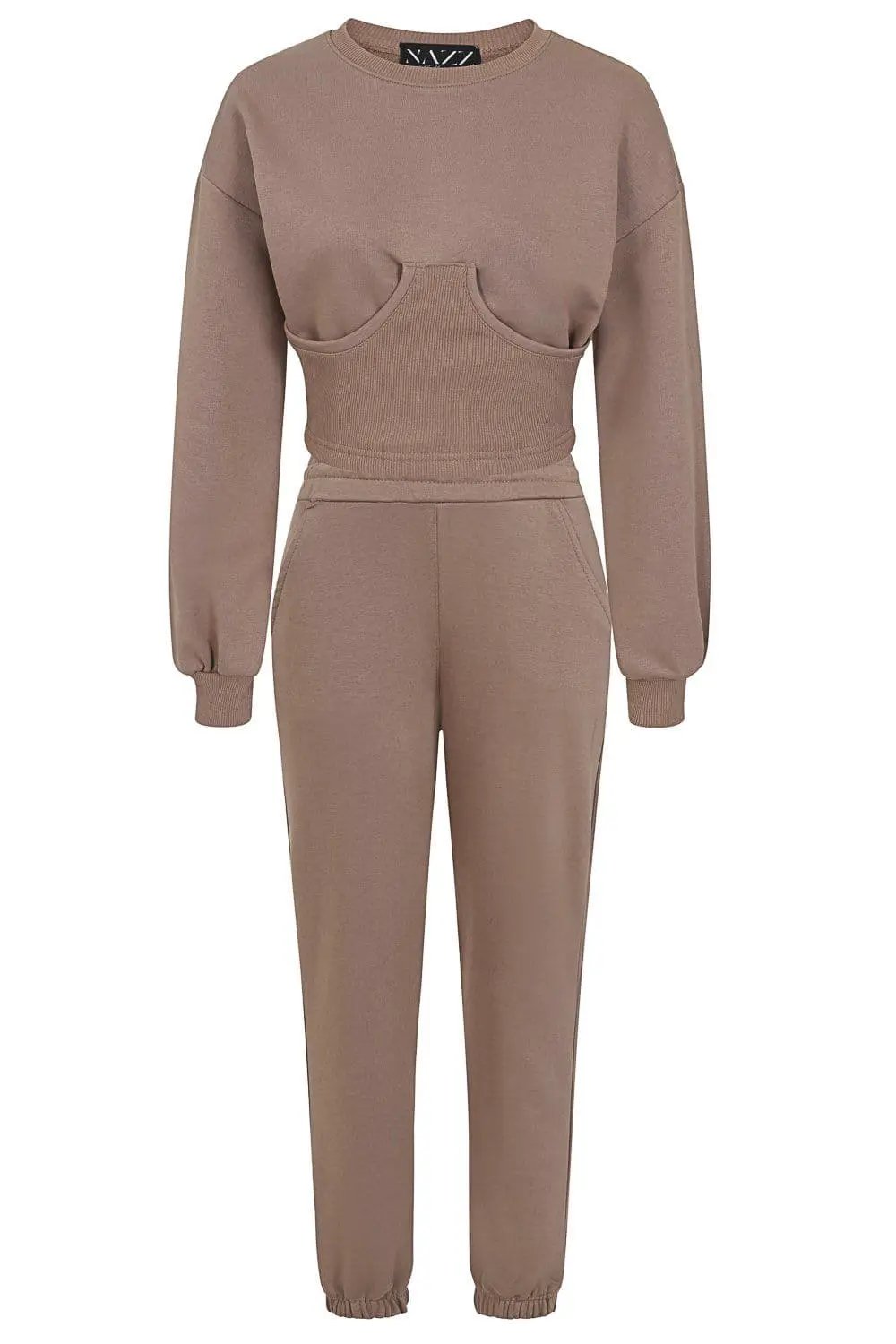 Sasha Taupe Under Bra Waisted Sweatshirt Tracksuit Set by Clarissas Boutique London