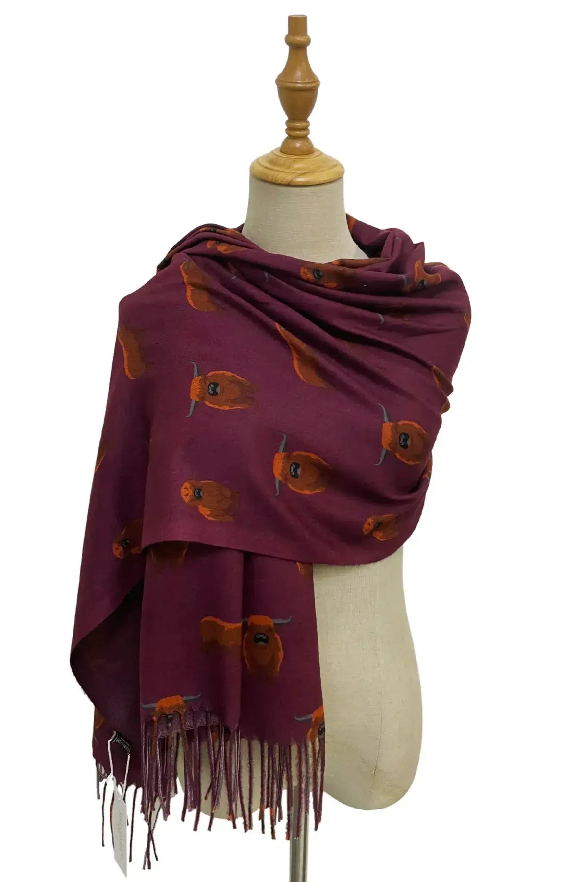 Scottish Highland Buffalo Tassel Scarf - Wine by Clarissas Boutique