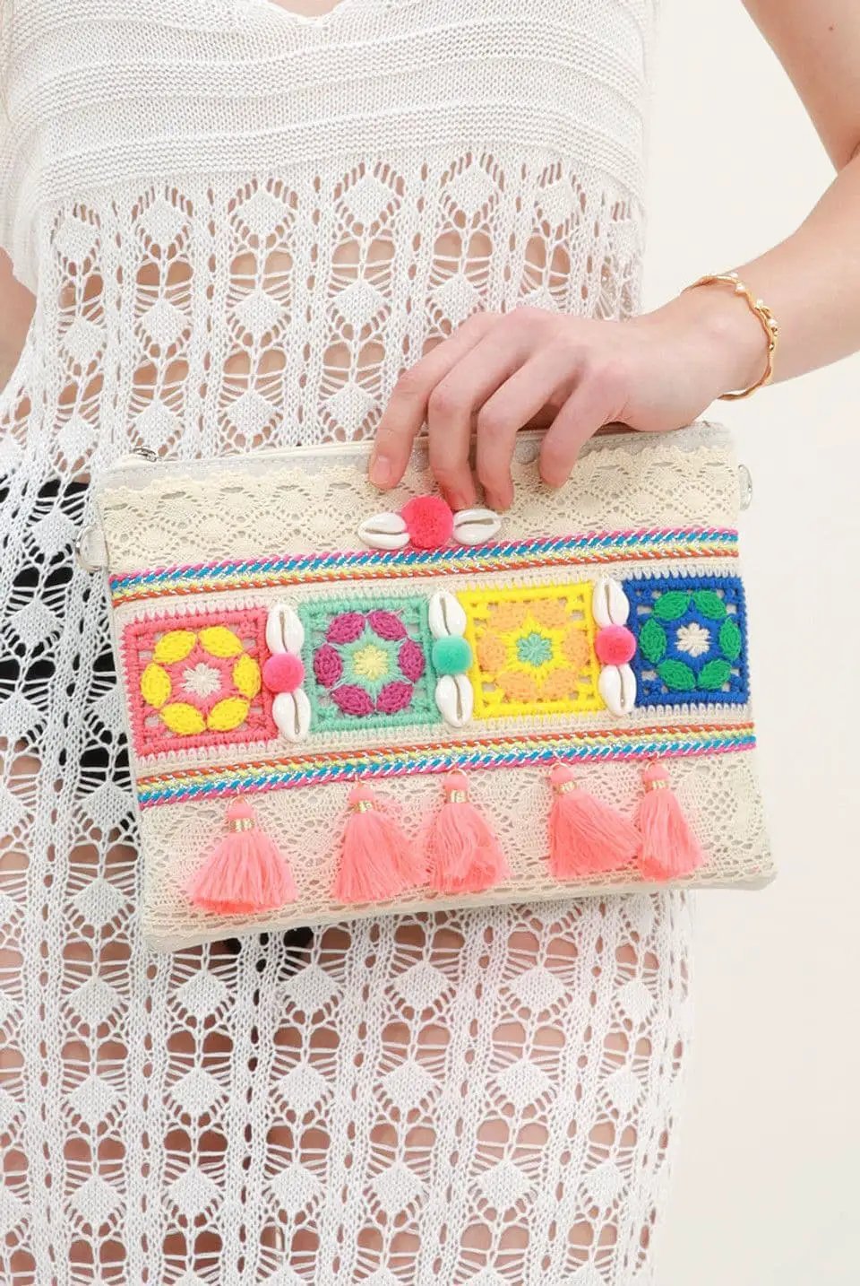 Shell And Tassel Multicoloured Boho Clutch Bag by Clarissas Boutique