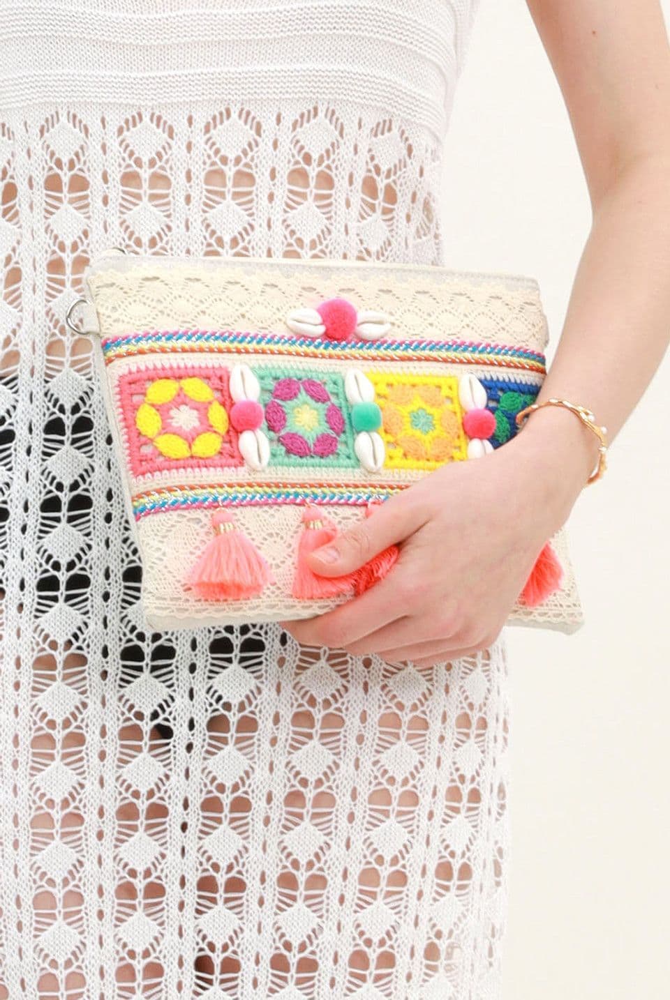 Shell And Tassel Multicoloured Boho Clutch Bag by Clarissas Boutique