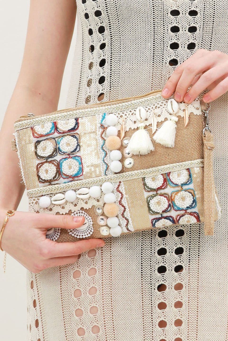 Shell Detail Nude Boho Clutch Bag by Clarissas Boutique