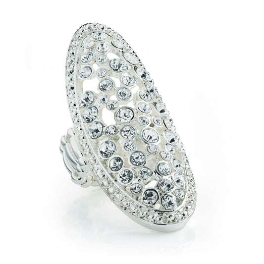 Silver colour crystal oval design elasticated ring. R30940 by Clarissas Boutique