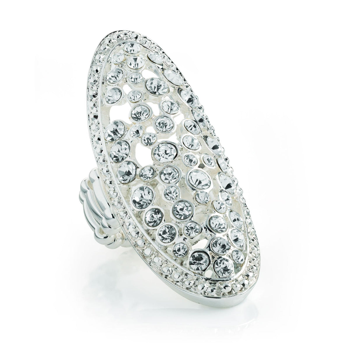 Silver colour crystal oval design elasticated ring. R30940 by Clarissas Boutique