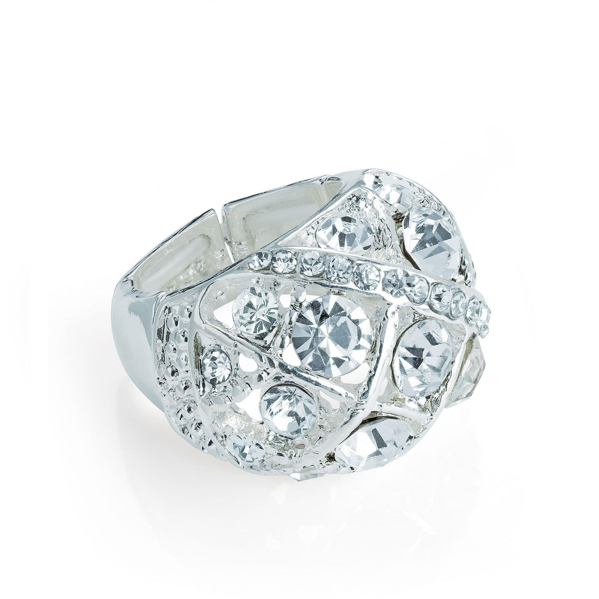Silver colour oval shape elasticated ring. R31365 by Clarissas Boutique