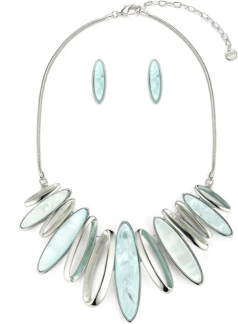 Silver Tone Statement Necklace Earrings Set - Aqua Blue. (SKU: JYK19011BLU) by Clarissas Boutique