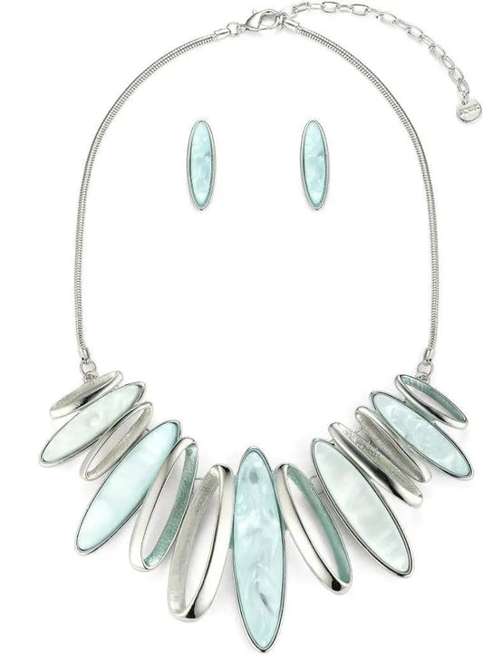 Silver Tone Statement Necklace Earrings Set - Aqua Blue. (SKU: JYK19011BLU) by Clarissas Boutique