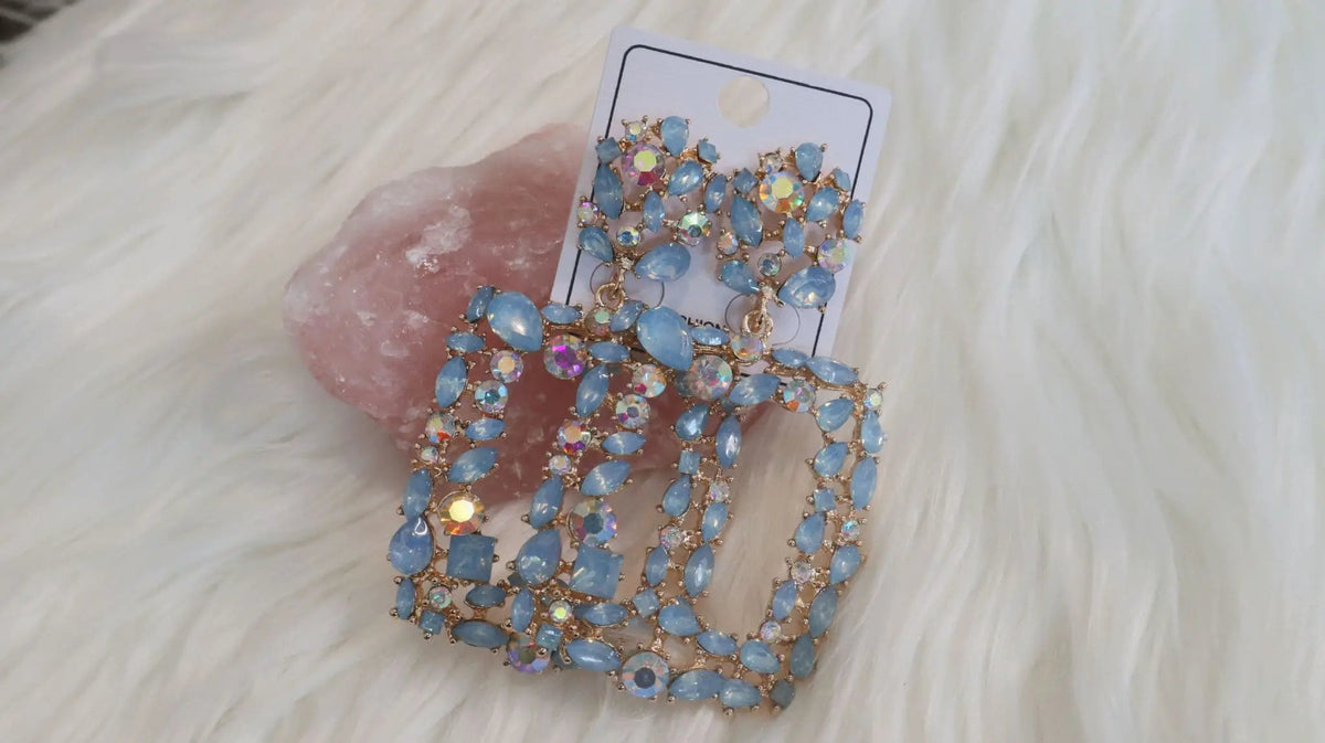 Square Sky Blue Diamante Earrings by Clarissas Boutique