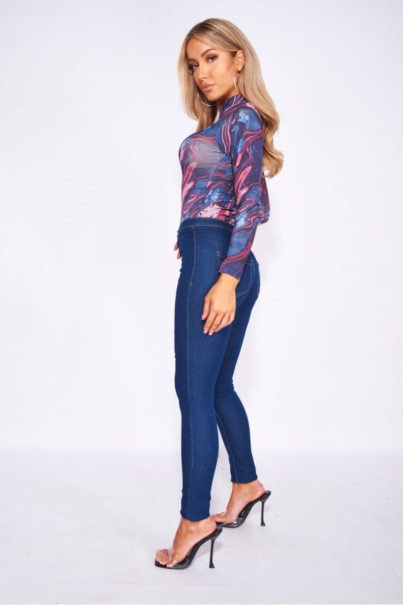 Teal Wine Marble Printed High Neck Long Sleeve Bodysuit by Clarissas Boutique London