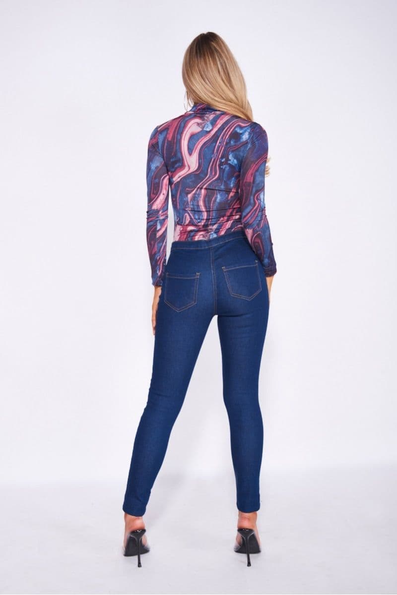 Teal Wine Marble Printed High Neck Long Sleeve Bodysuit by Clarissas Boutique London
