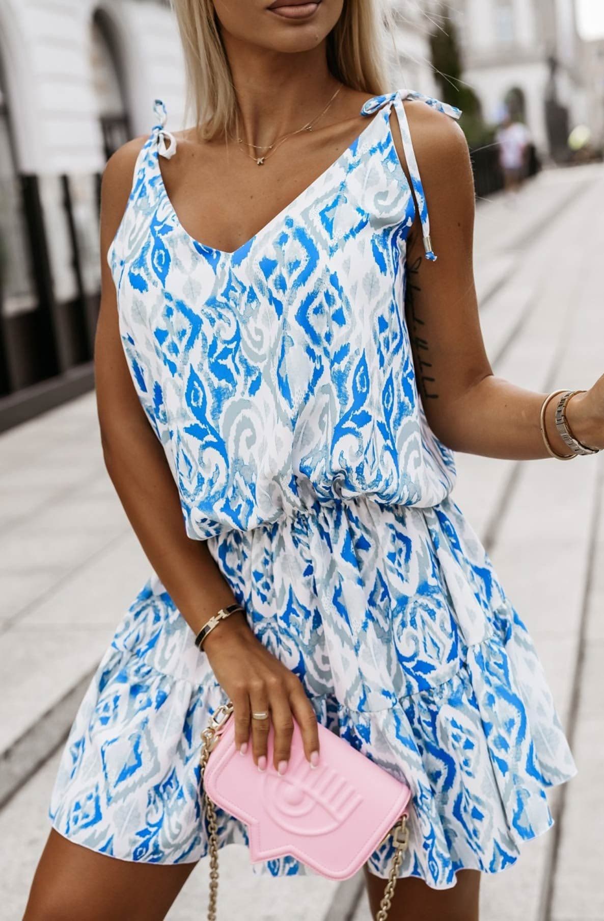 Tisha Tie Dye Patterned Tie Up Dress - Blue by Clarissas Boutique London