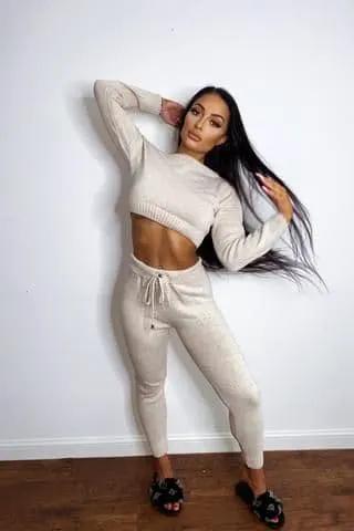 Trixie Beige Woven Knitted Off The Shoulder Co-ord Lounge Set by Clarissas Boutique London