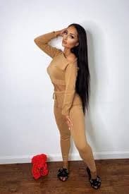 Trixie Tan Woven Knitted Off The Shoulder Co-ord Lounge Set by Clarissas Boutique London