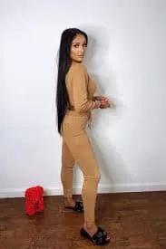 Trixie Tan Woven Knitted Off The Shoulder Co-ord Lounge Set by Clarissas Boutique London