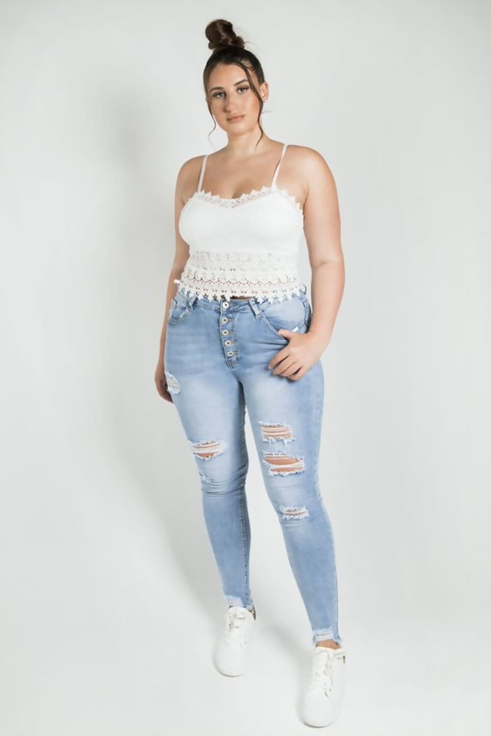 Walking Trophy Blue High Waist Button Front Ripped Skinny Jeans by Clarissas Boutique London