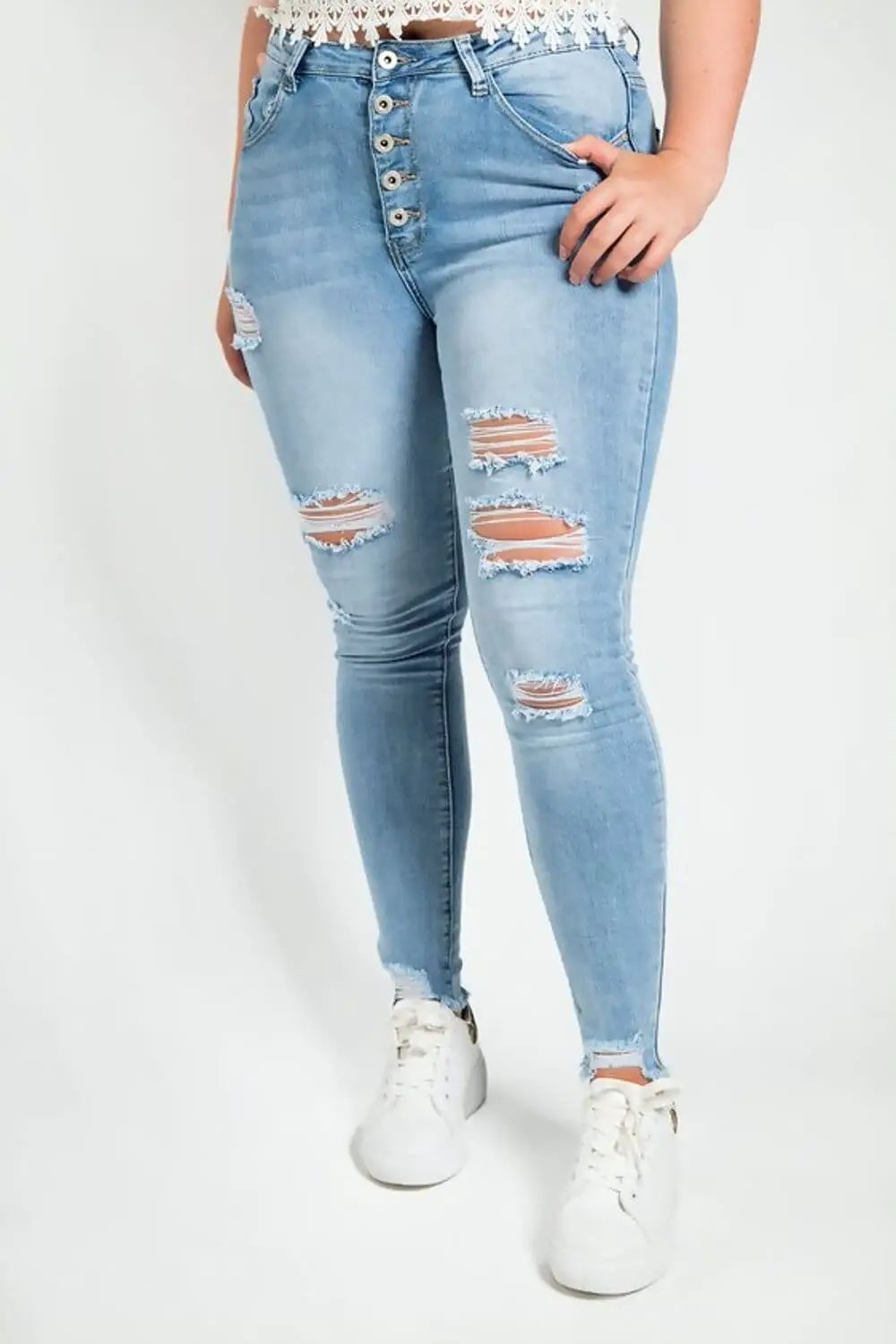 Walking Trophy Blue High Waist Button Front Ripped Skinny Jeans by Clarissas Boutique London