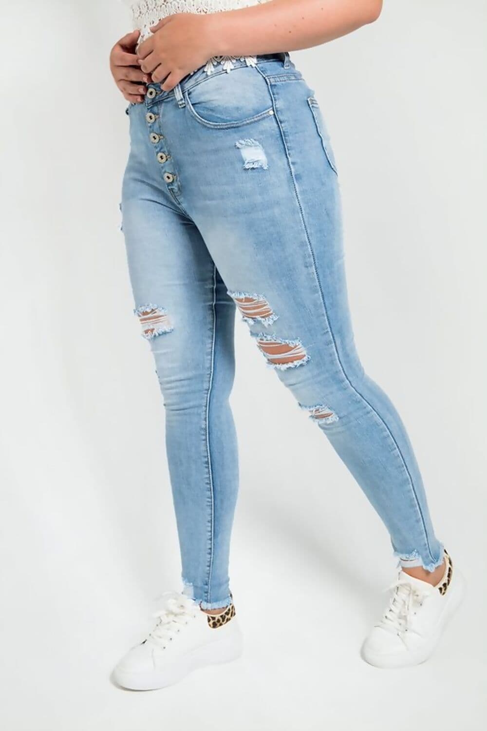 Walking Trophy Blue High Waist Button Front Ripped Skinny Jeans by Clarissas Boutique London