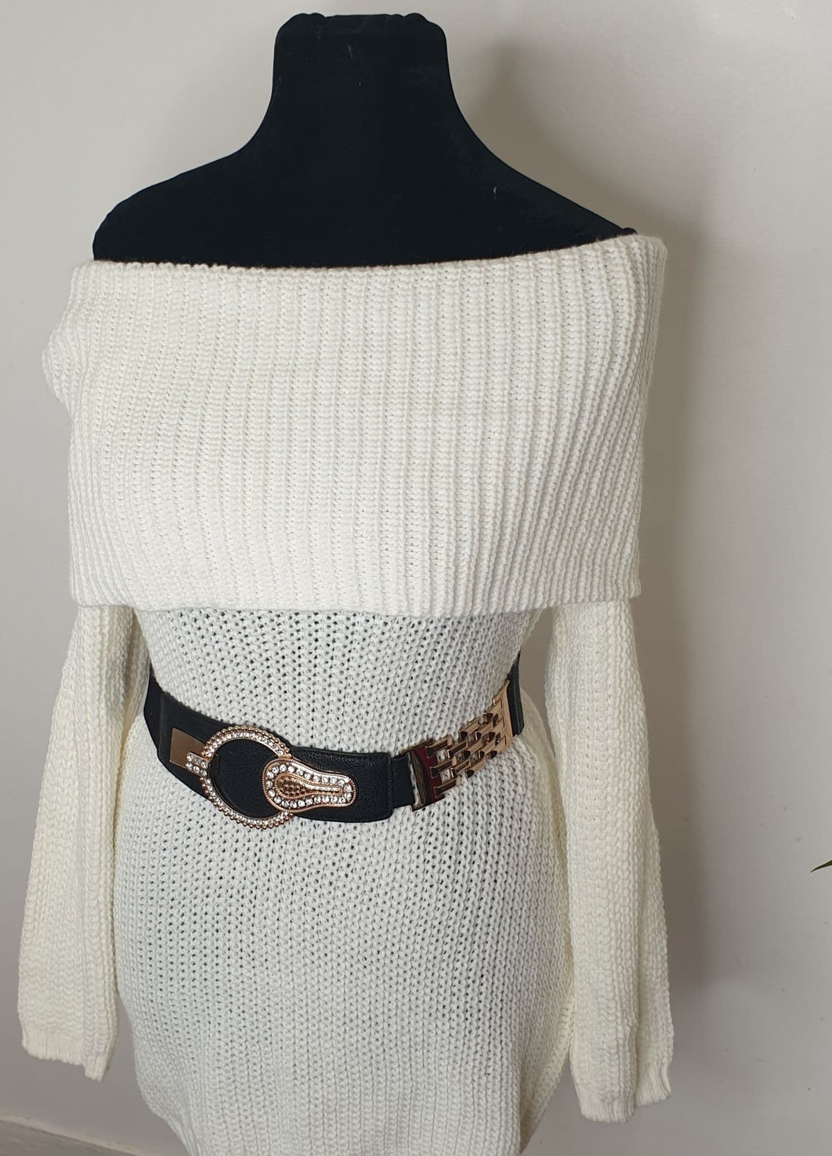 White Off -The Shoulder Knitted Jumper Dress. by Clarissas Boutique