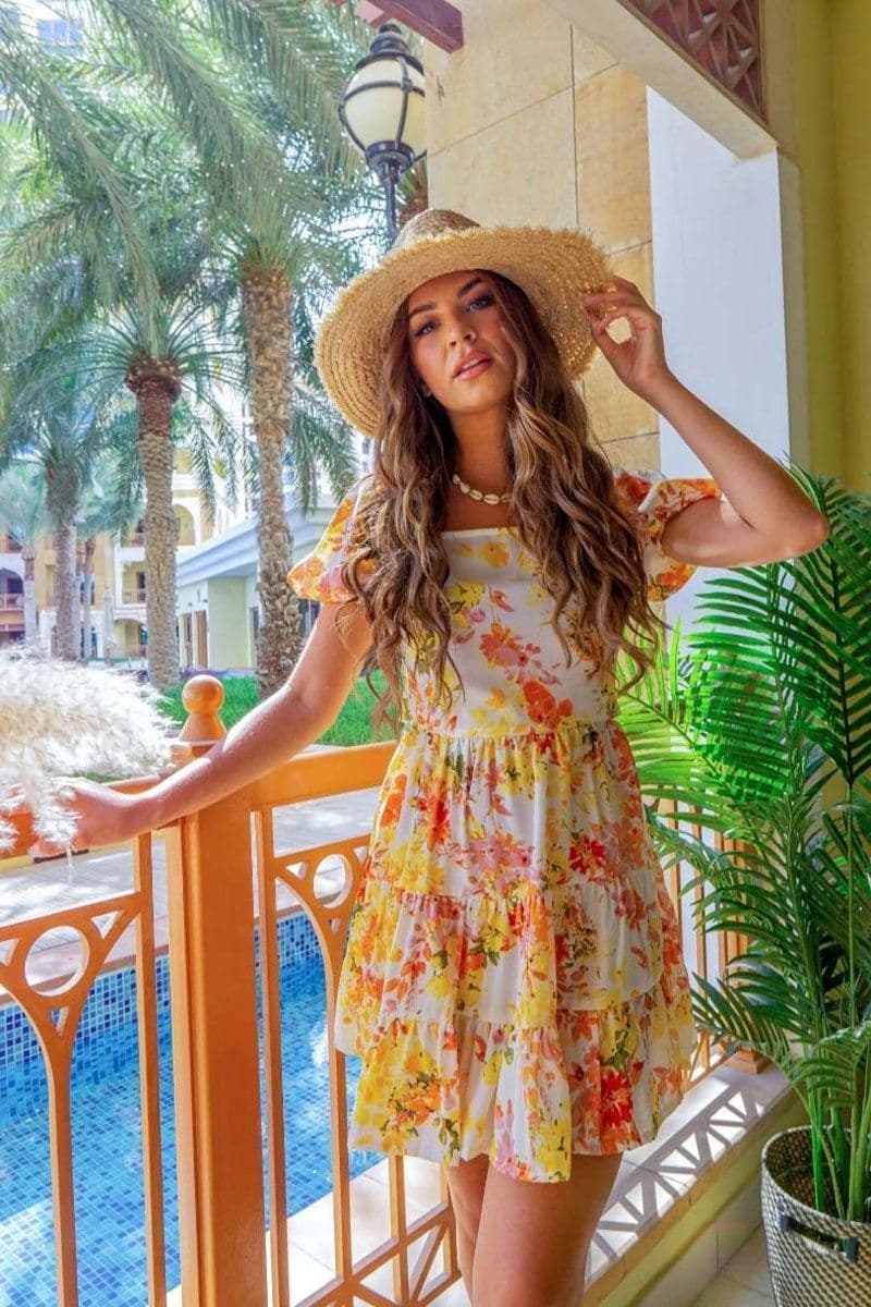 White Yellow Floral Tie Back Tiered Mini Dress by Clarissas Boutique London