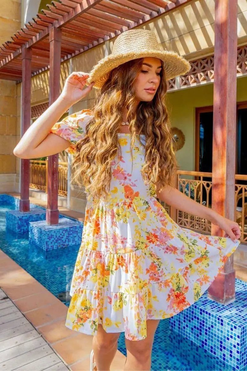 White Yellow Floral Tie Back Tiered Mini Dress by Clarissas Boutique London