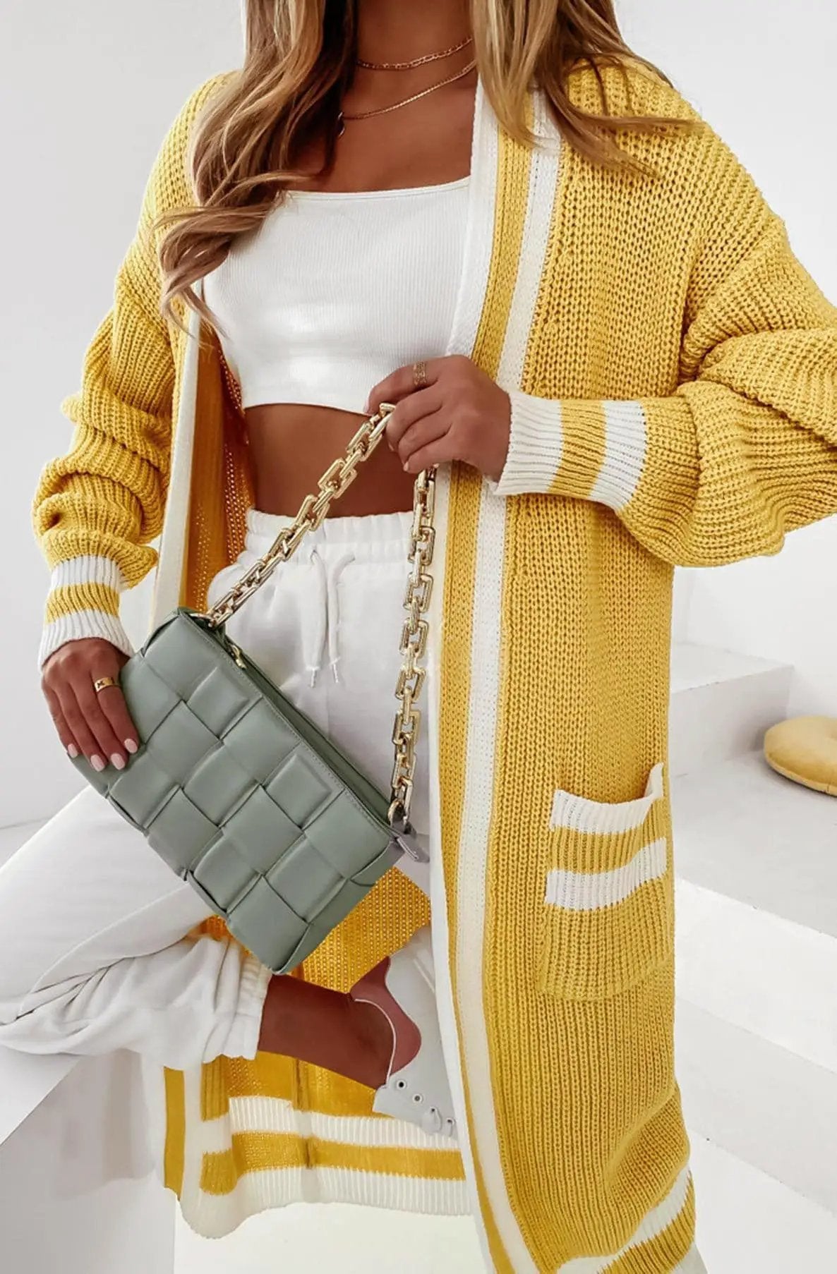 Yellow Kiki Longline Knitted Cardigan by Clarissas Boutique London