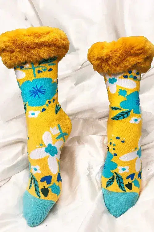 Yellow - Silk Blend Socks with Faux Fur Trim by Clarissas Boutique