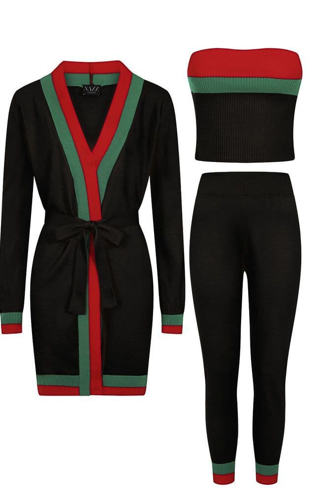 Zara Black Red and Green Striped Fine Knit 3 Piece Lounge Co-ord Set by Clarissas Boutique London