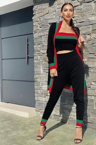 Zara Black Red and Green Striped Fine Knit 3 Piece Lounge Co-ord Set by Clarissas Boutique London