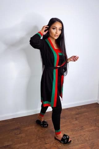 Zara Black Red and Green Striped Fine Knit 3 Piece Lounge Co-ord Set by Clarissas Boutique London