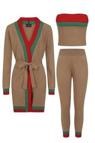 Zara Camel Tan Red and Green Striped Fine Knit 3 Piece Lounge Co-ord Set by Clarissas Boutique London