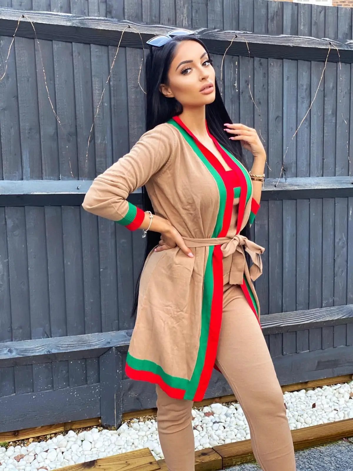 Zara Camel Tan Red and Green Striped Fine Knit 3 Piece Lounge Co-ord Set by Clarissas Boutique London