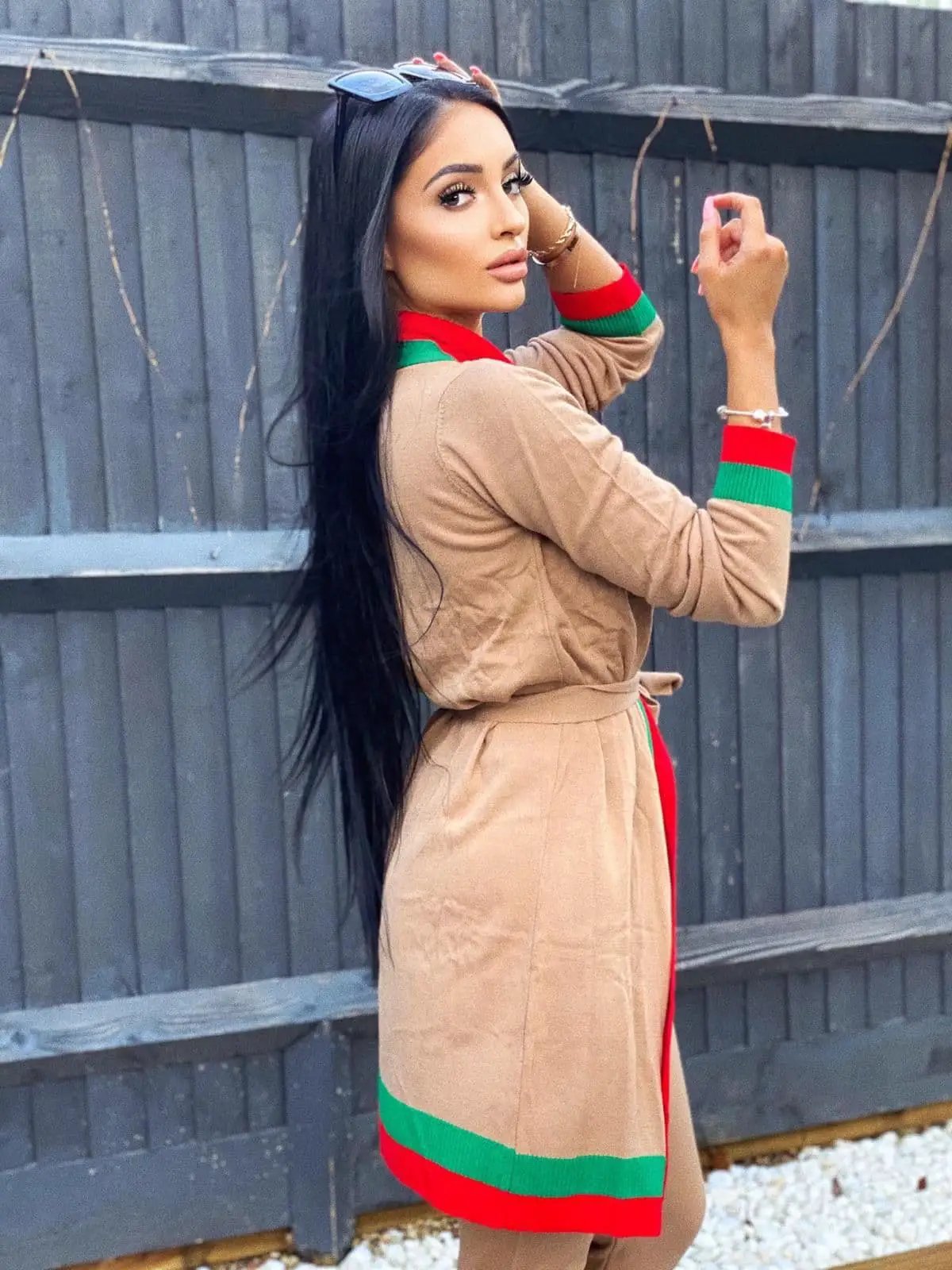 Zara Camel Tan Red and Green Striped Fine Knit 3 Piece Lounge Co-ord Set by Clarissas Boutique London
